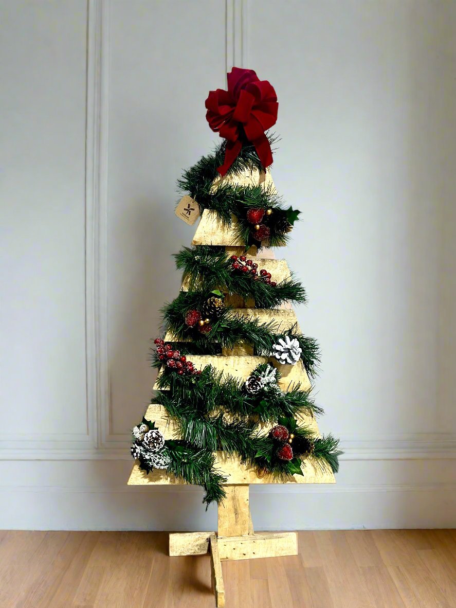 40" Wooden Christmas Tree w Garland and Bow - Holland Landscape Supply