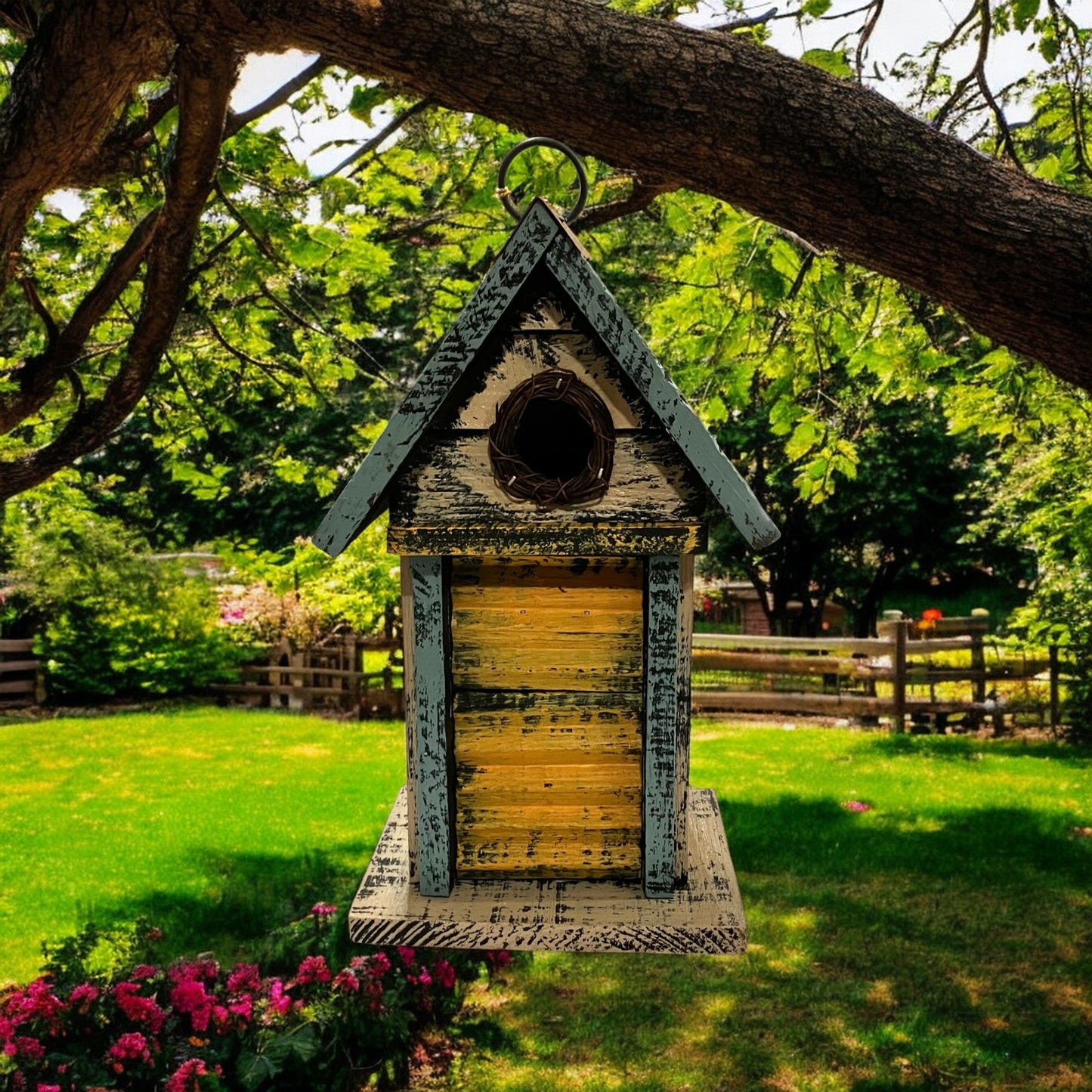 Cream/Blue/Yellow Birdhouse - Holland Landscape Supply