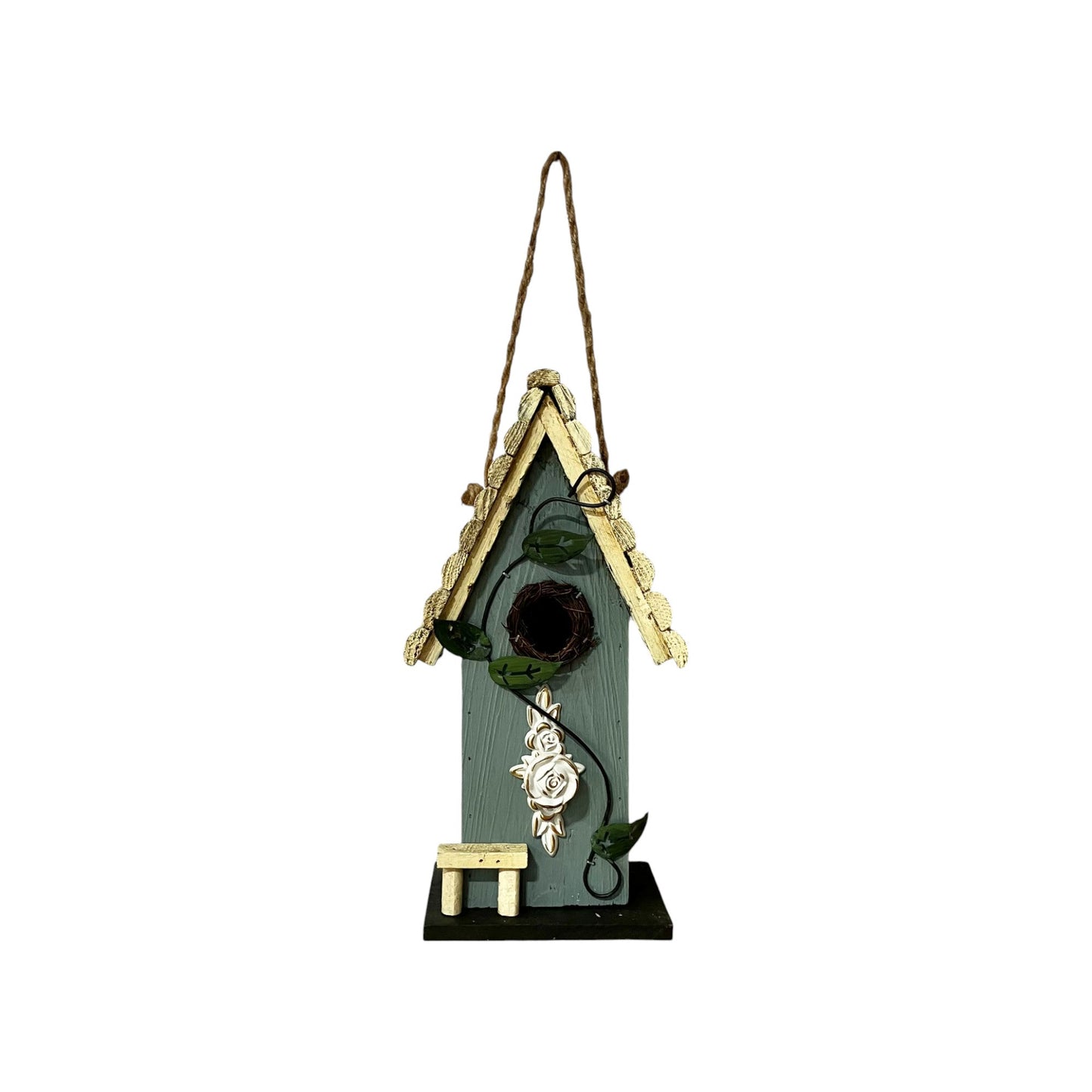 Blue/White Birdhouse w Rose and Vine - Holland Landscape Supply