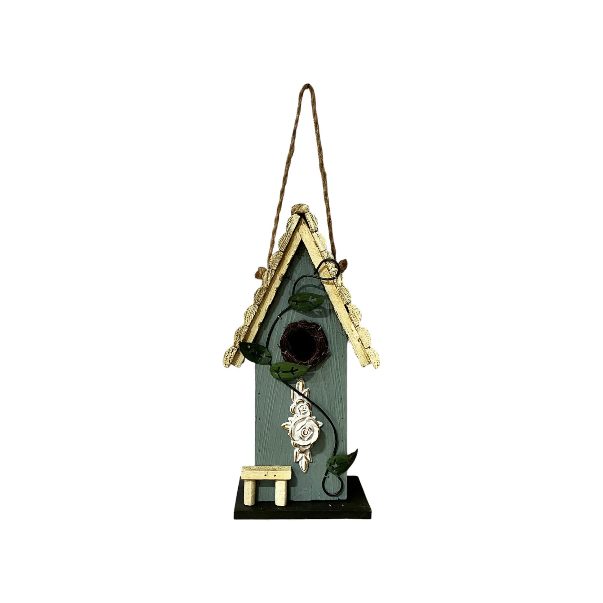 Blue/White Birdhouse w Rose and Vine - Holland Landscape Supply