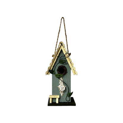 Blue/White Birdhouse w Rose and Vine - Holland Landscape Supply