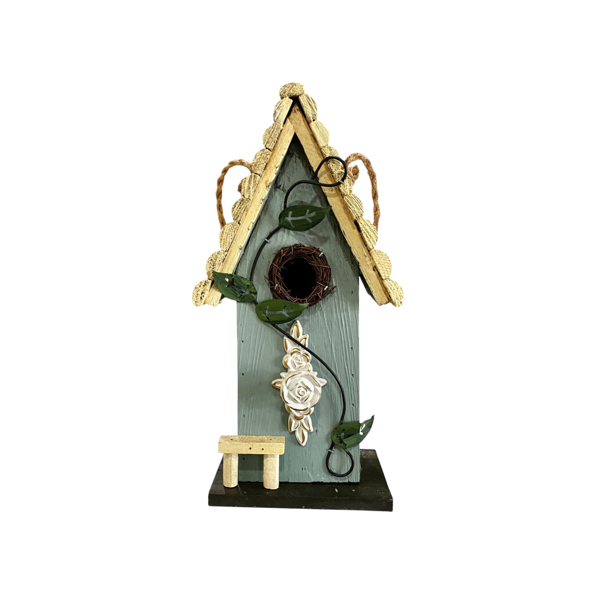 Blue/White Birdhouse w Rose and Vine - Holland Landscape Supply