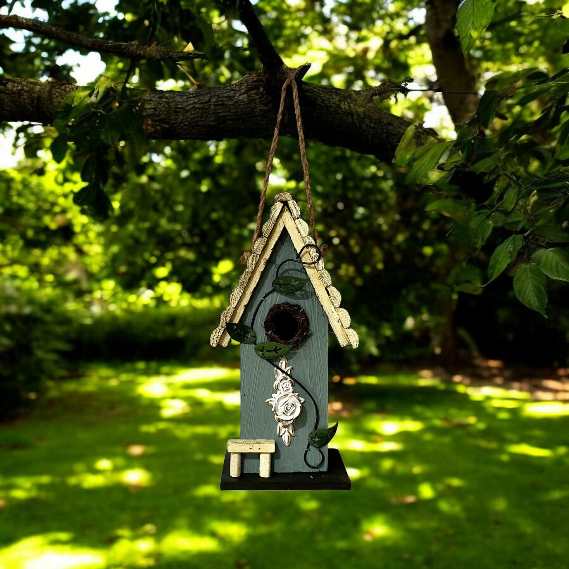 Blue/White Birdhouse w Rose and Vine - Holland Landscape Supply