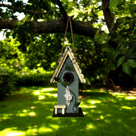 Blue/White Birdhouse w Rose and Vine - Holland Landscape Supply