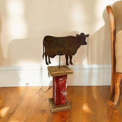 Rustic Metal Cow w Wooden Stand - Holland Landscape Supply